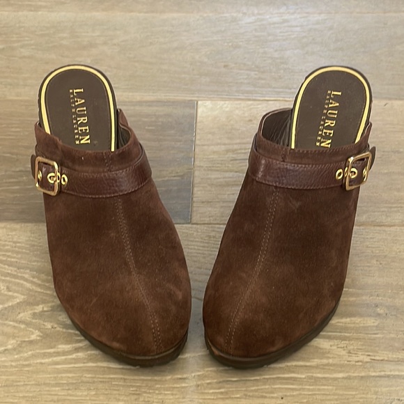 Ralph Lauren Chocolate Brown Suede Leather Wedge Heel Clogs Buckle Accent Size 9 - Picture 2 of 9